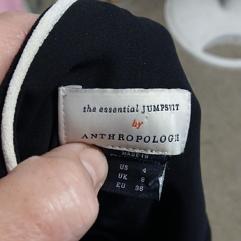 Anthropologie Black Jumpsuit with White Piping and Waist Tie - Picture 7 of 7
